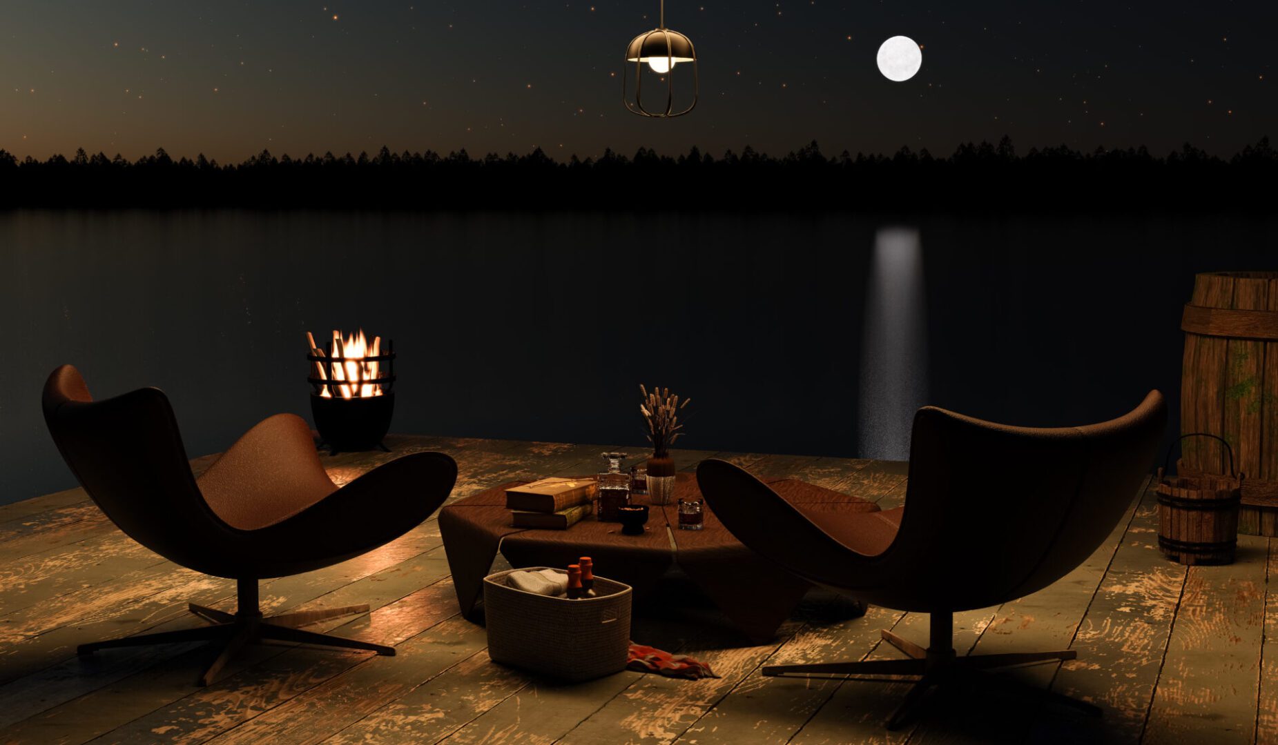 Peaceful lakeside evening with chairs and fire