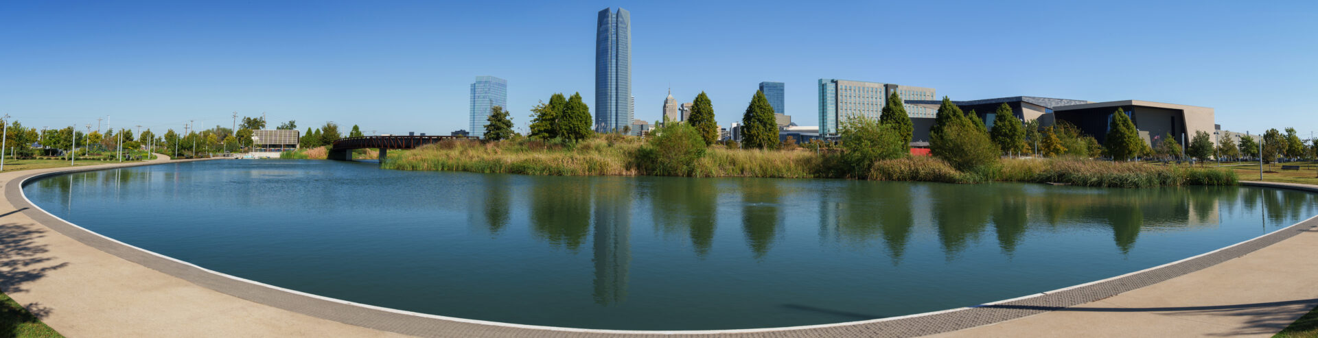 Urban park with water and buildings