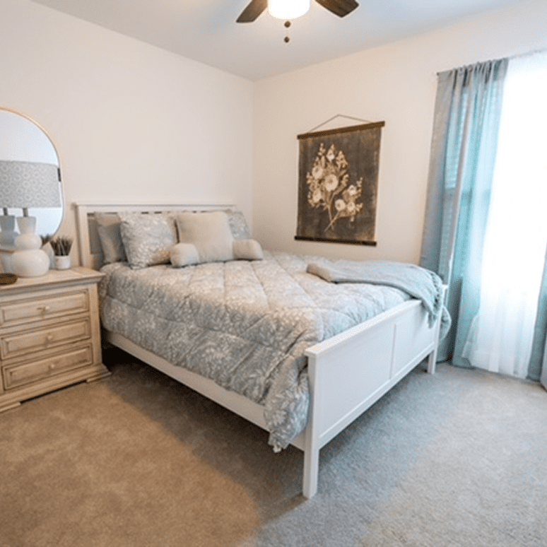 Cozy bedroom with blue bedding